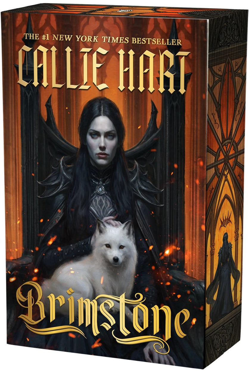 Book box for the New York Times Bestseller 'Brimstone' by Callie Hart, featuring a dark fantasy illustration of a woman with bat-like wings and a white fox against an orange and black background.