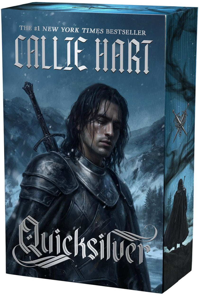 Book box for 'Quicksilver' by Callie Hart, featuring fantasy cover art of a dark-haired warrior in armor against a snowy mountain landscape, with the title in ornate white lettering.