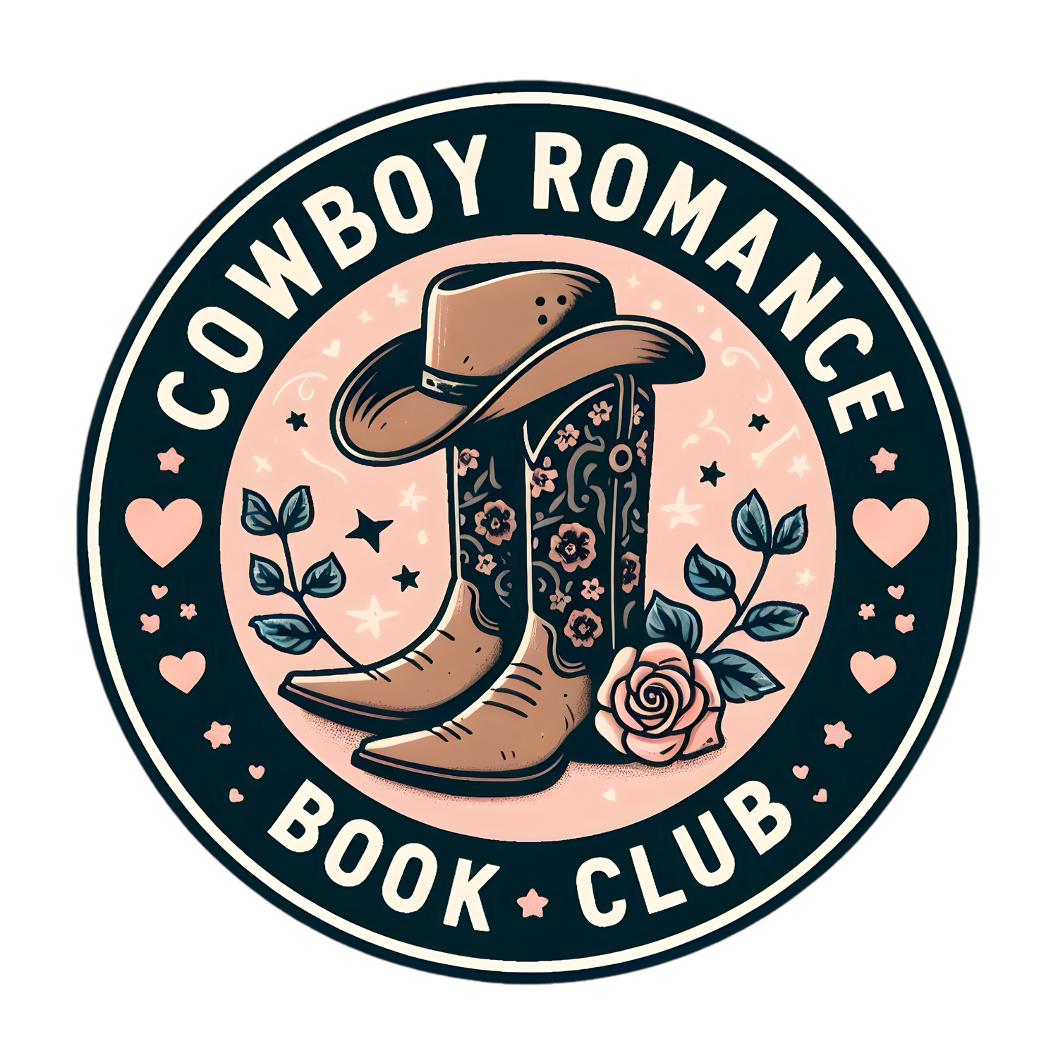 circle that says cowboy romance book club and has a pair of cowboy boots with a cowboy hat in the center