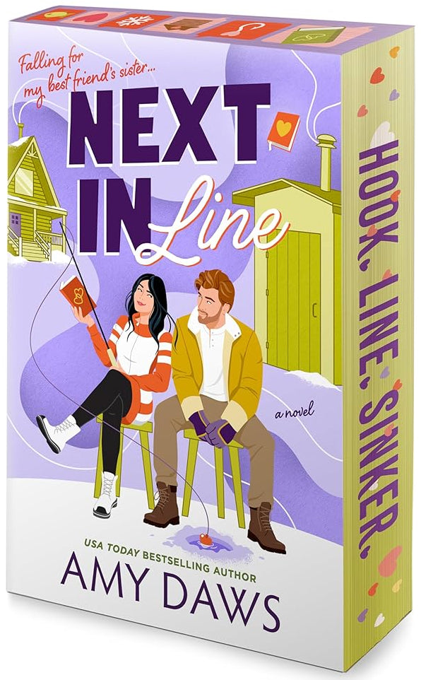 Next in Line (Wait With Me, 2) a man and a woman sitting on stools. she's reading and he's ice fishing. green sprayed edges with words: hook, line. sinker