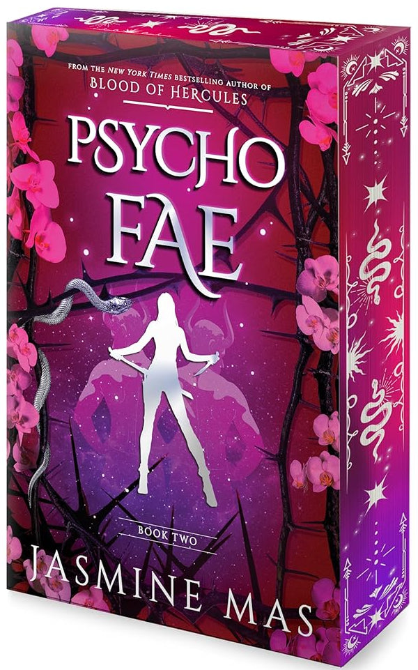 Psycho Fae: An Epic Fantasy Journey Through Deadly Fae Games, Steamy Forbidden Love and the Perils of the Shifterverse (Cruel Shifterverse, 2) cover image Pink with woman holding sword and dagger plus a snake on thorny branches. pink sprayed edges with white snake print