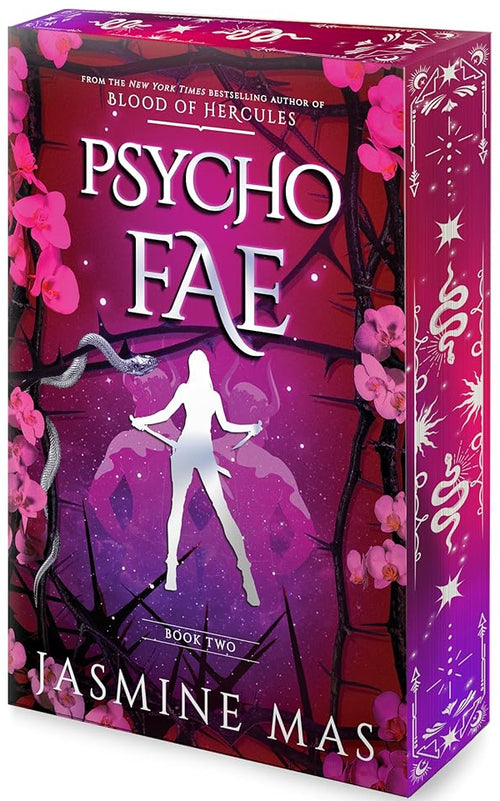 Psycho Fae: An Epic Fantasy Journey Through Deadly Fae Games, Steamy Forbidden Love and the Perils of the Shifterverse (Cruel Shifterverse, 2) cover image Pink with woman holding sword and dagger plus a snake on thorny branches. pink sprayed edges with white snake print