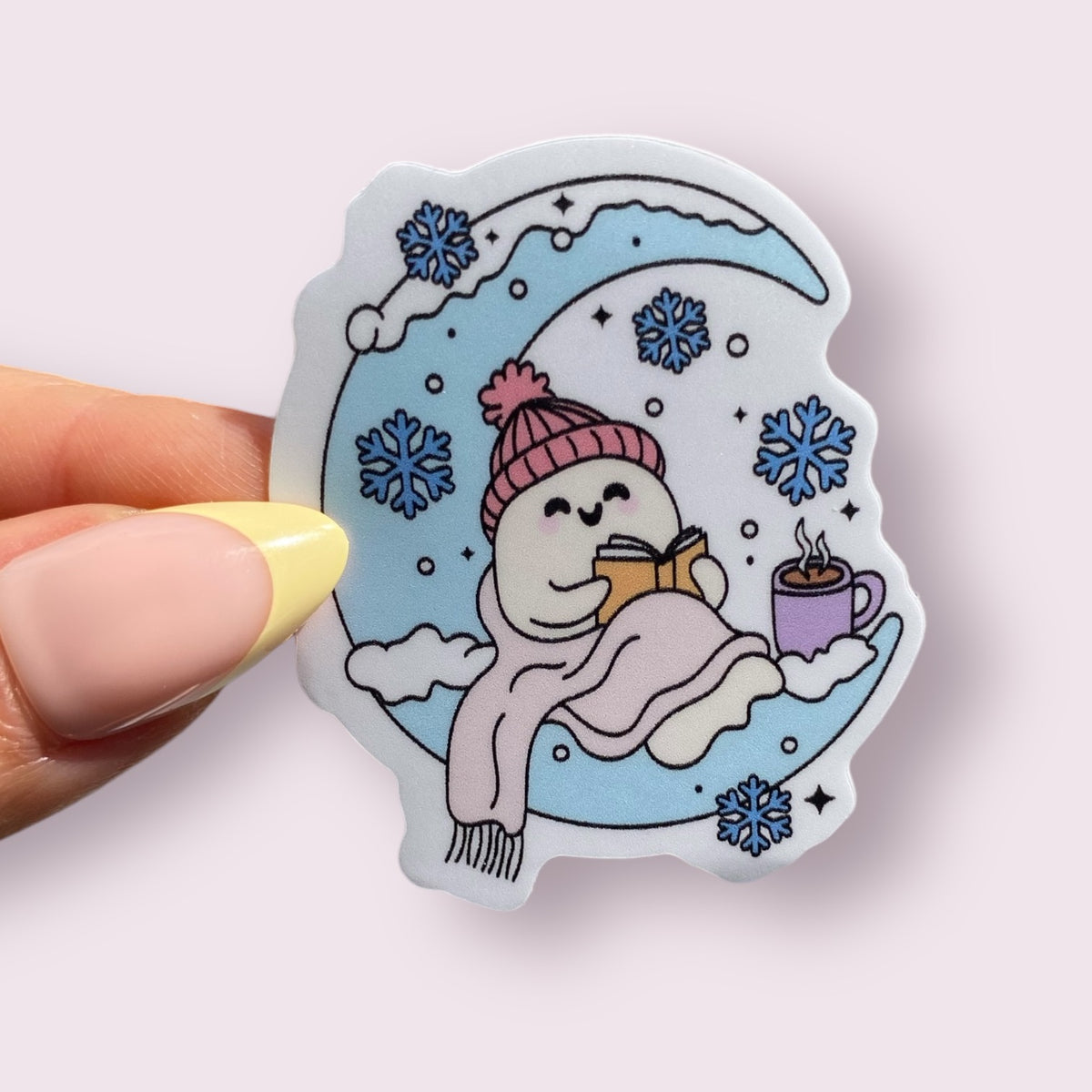 Crescent Moon With Cozy Ghost Reading Book Winter Bookish Sticker