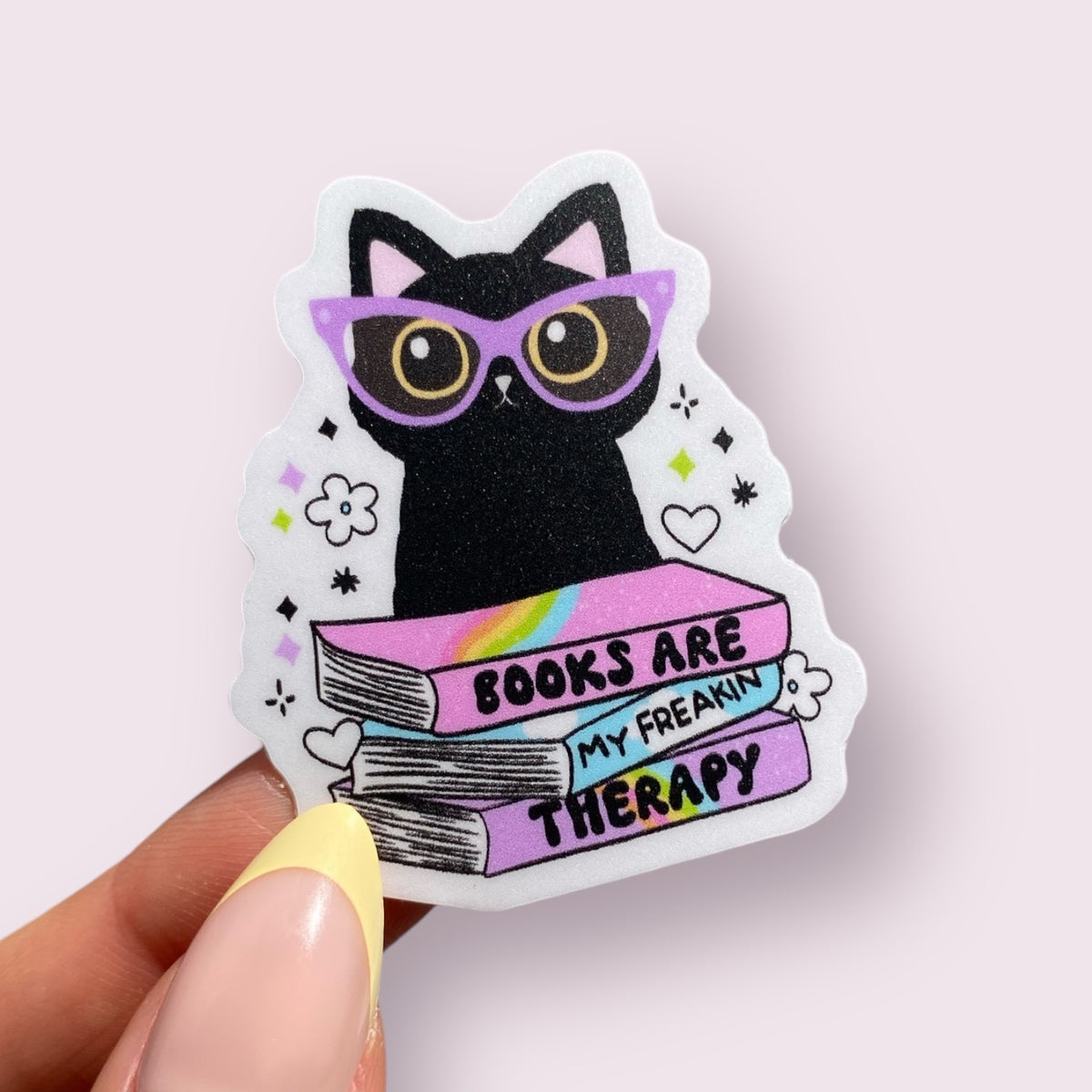 Books Are My Freakin Therapy Cat Stack of Books Sticker