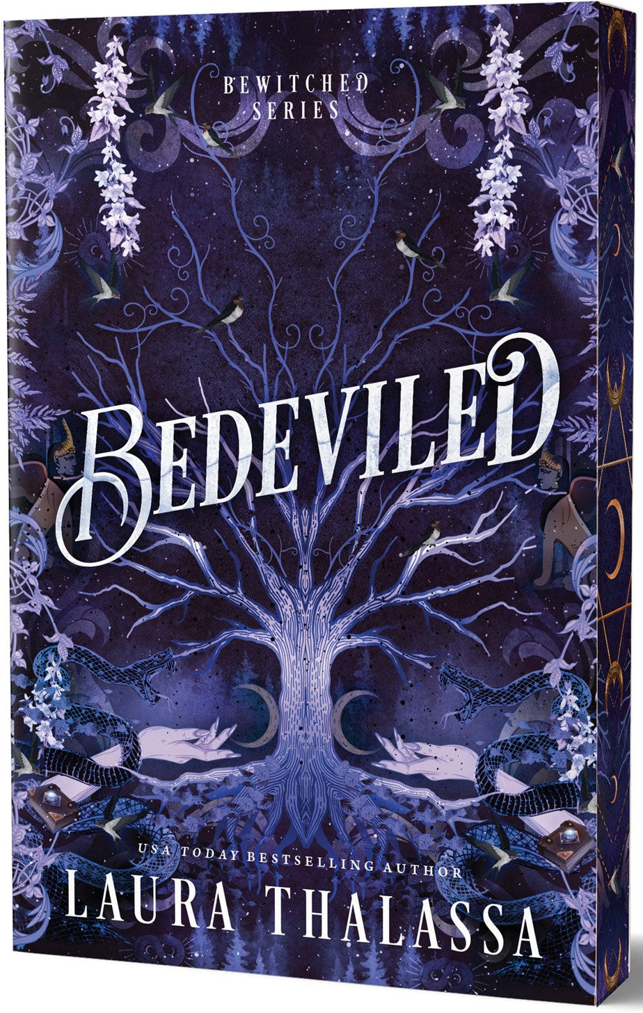 Book cover of 'Bedeviled' by Laura Thalassa with a mystical design.