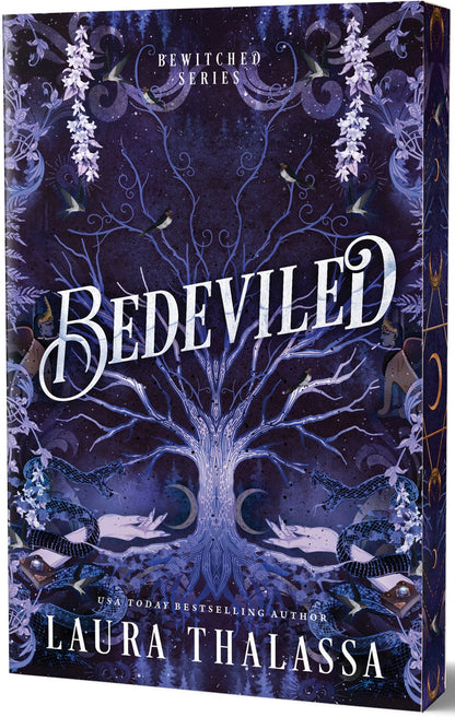 Book cover of 'Bedeviled' by Laura Thalassa with a mystical design.